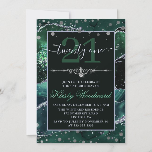 Invitation Vert foncé et argent faux paillettes agate anniver (Devant)