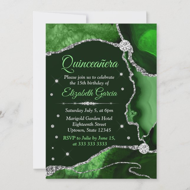 Invitation Vert foncé et argent pailleté Agate Quinceanera (Devant)