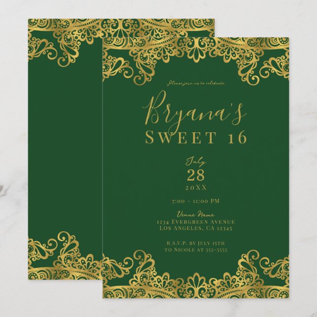Invitation Vert foncé et or Broderie Élégante Fête Douce 16 a (Devant / Derrière)