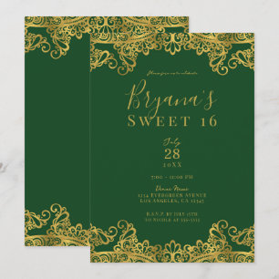 Invitation Vert foncé et or Broderie Élégante Fête Douce 16 a