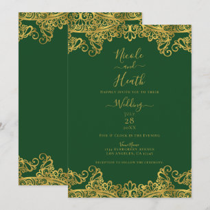 Invitation Vert foncé et or dentelle Élégant mariage