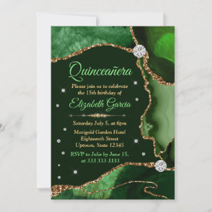 Invitation Vert foncé et or Fausse agate scintillante Quincea