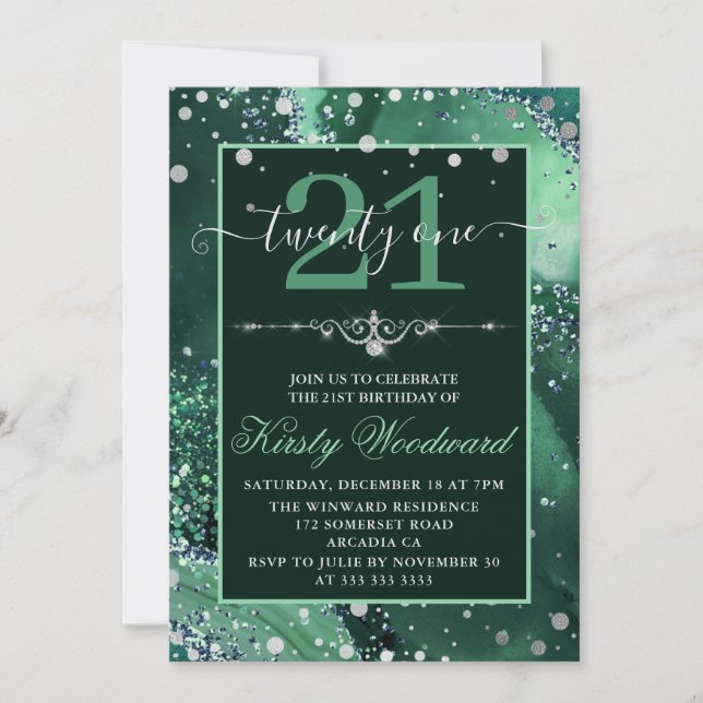 Invitation Vert foncé Faux Paillettes Agate Anniversaire (Devant)
