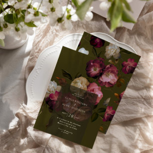 Invitation Vert foncé Floral Sombre Élégant Romantique Noir