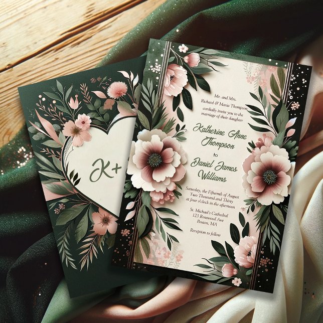 Invitation Vert foncé luxuriant et rose pâle Mariage floral (Créateur téléchargé)