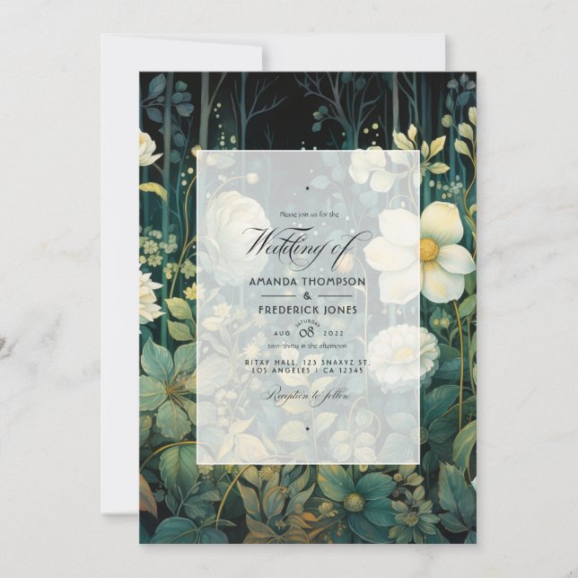 Invitation Vert forêt, blanc et or floral mariage (Devant)