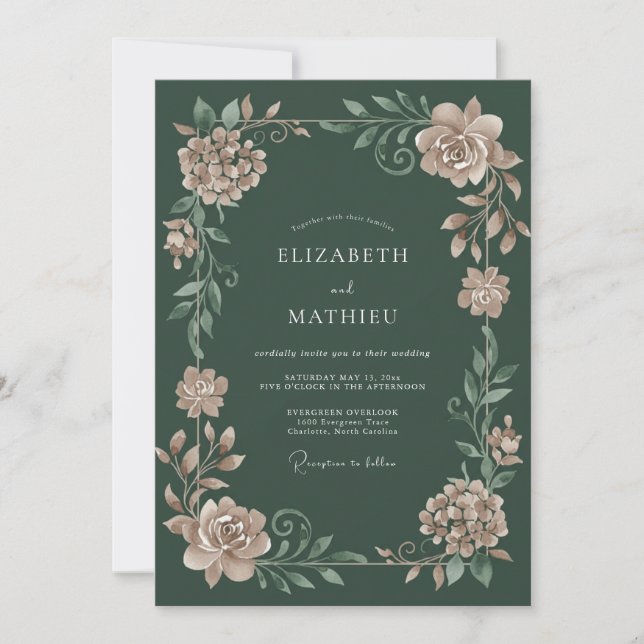 Invitation Vert forêt Fleurs poussiéreuses de mariage (Devant)
