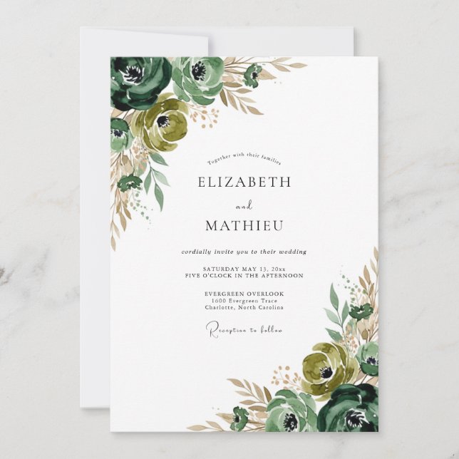 Invitation Vert forêt floral coup de pinceau Mariage (Devant)