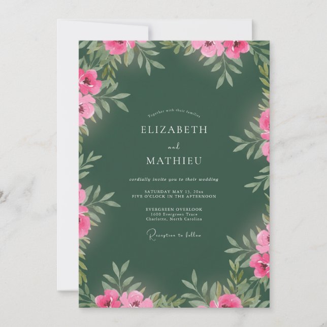 Invitation Vert forêt floral vibrant mariage (Devant)