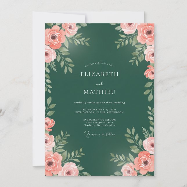Invitation Vert forêt Rose de mariage exquise (Devant)