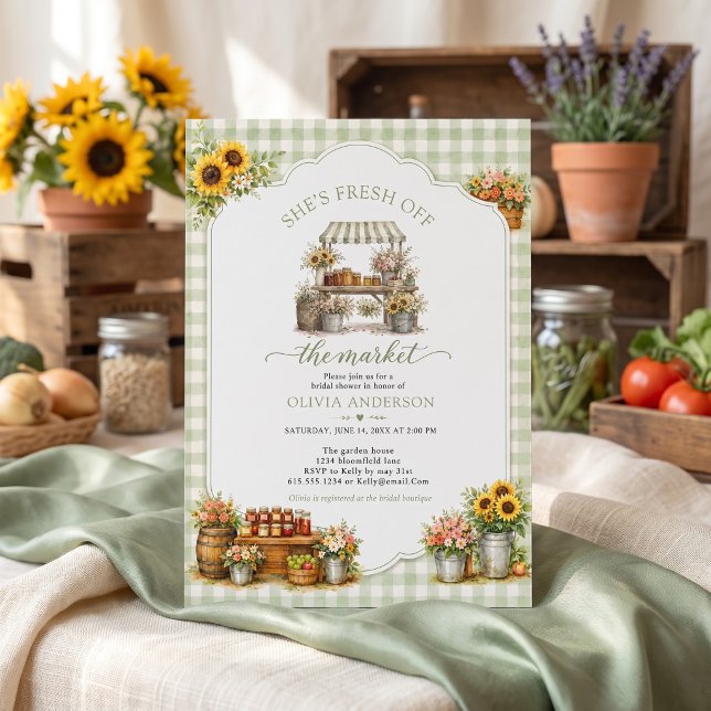 Invitation Vert Gingham Rustique Elle est Fraîche sur le Marc (Rustic Green Gingham She's Fresh Off The Market Invitation)