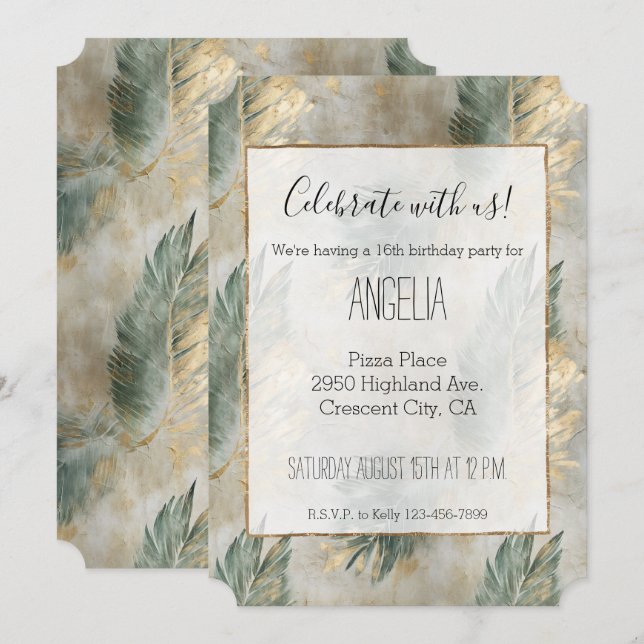 Invitation Vert Glam Chic Or Feuilles Tropicales (Devant / Derrière)