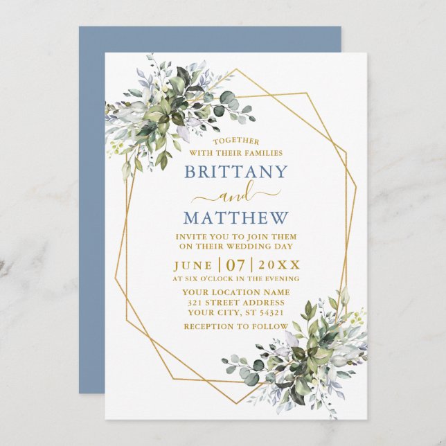 Invitation Vert Gold Geo Frame Dusty Blue Mariage (Devant / Derrière)