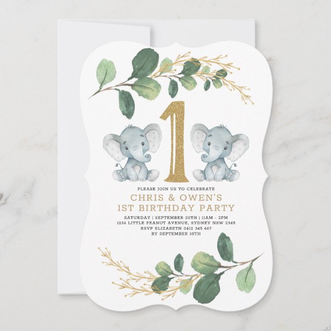 Invitation Vert Gold Twin Elephant 1er anniversaire Wild One (Devant)