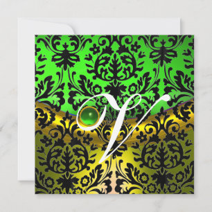 INVITATION VERT JAUNE ÉMERAUDE NOIR DAMAS MONOGRAMME
