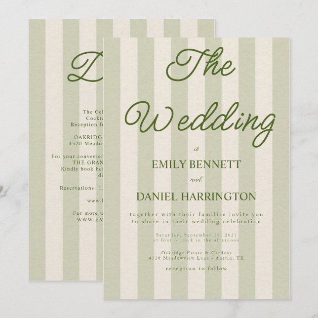 Invitation Vert mariage élégant moderne bande verticale vert  (Devant / Derrière)