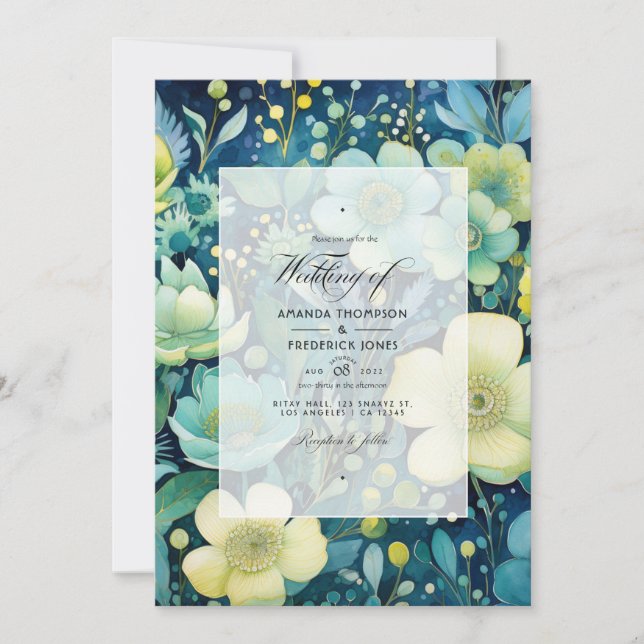 Invitation Vert, Marine, Bleu pâle et Mariage Floral Or (Devant)
