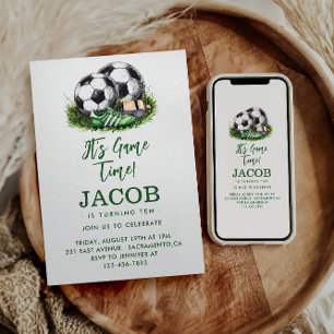 Invitation Vert marine Soccer Enfants Aquarelle