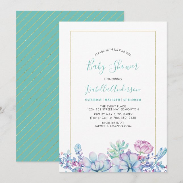 Invitation Vert Menthe | Baby Shower de Succulentes Tropicale (Devant / Derrière)