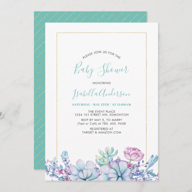 Invitation Vert menthe | Baby shower Tropical Succulents (Devant / Derrière)