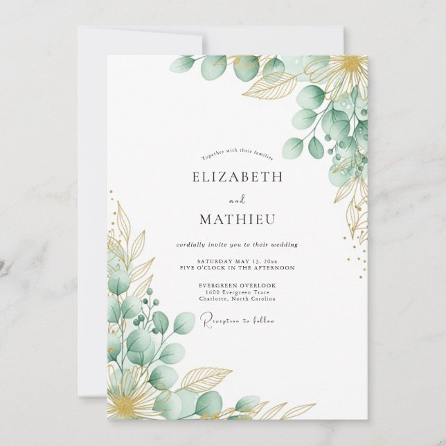 Invitation Vert Menthe Botanique Mariage Fantaisiste (Devant)