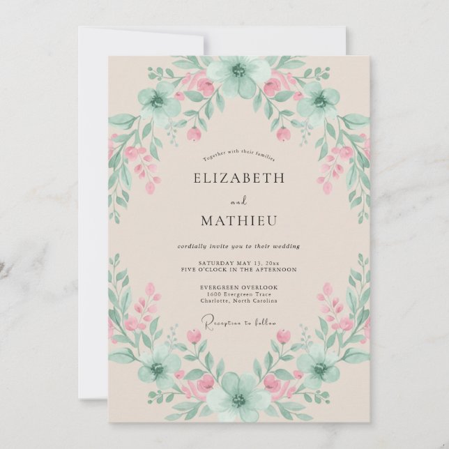 Invitation Vert menthe Délicat mariage floral (Devant)