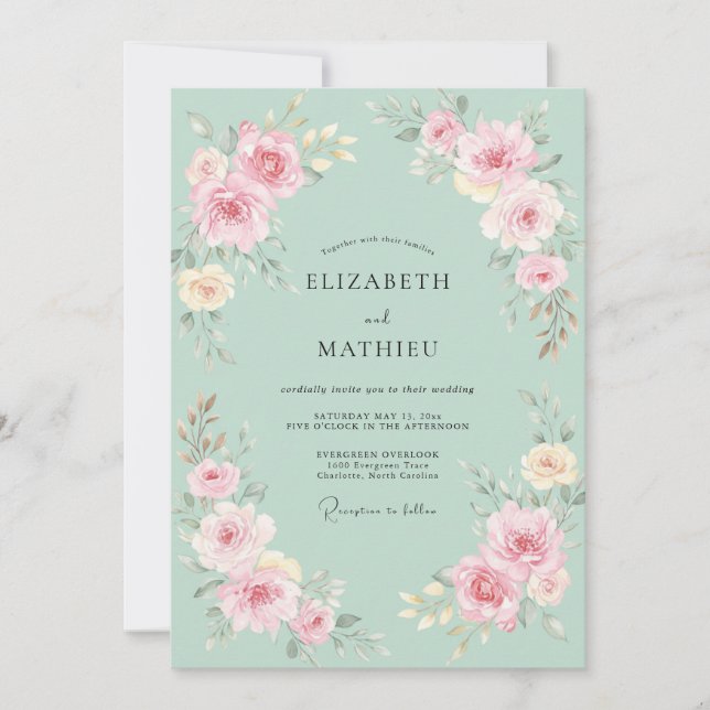 Invitation Vert Menthe Douce Florale Élégante Mariage (Devant)