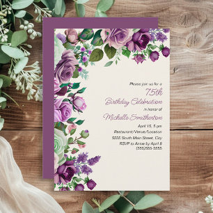 Invitation Vert Menthe Élégant Fleurs Violettes 75e Anniversa