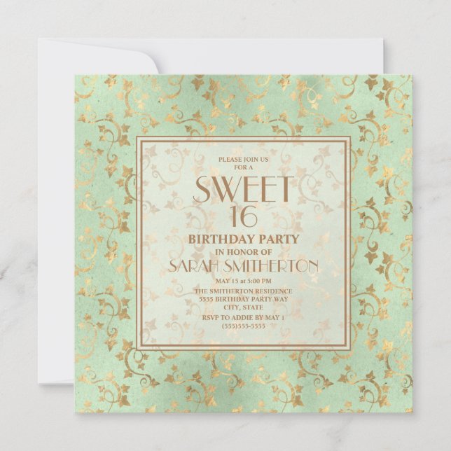 Invitation Vert menthe élégant Or Sweet 16 (Devant)