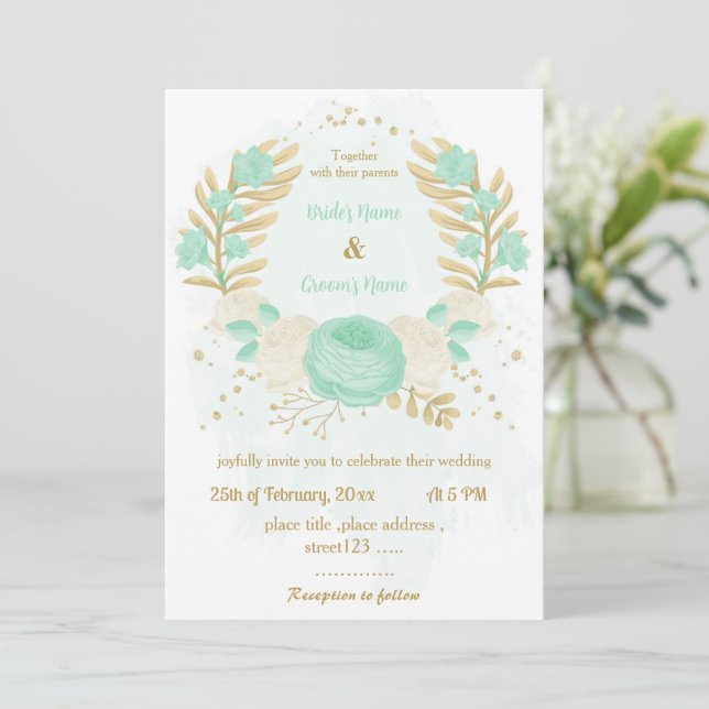 Invitation vert menthe et fleurs blanches or fleurir mariage  (Debout devant)