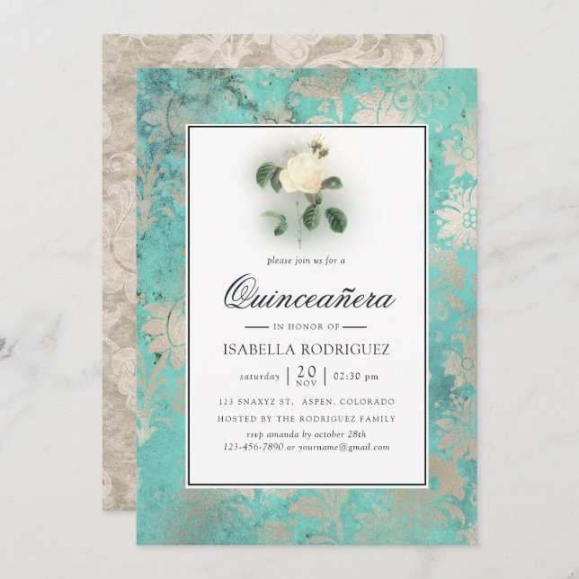 Invitation Vert menthe et floral damasquiné perle pour Quince (Devant / Derrière)