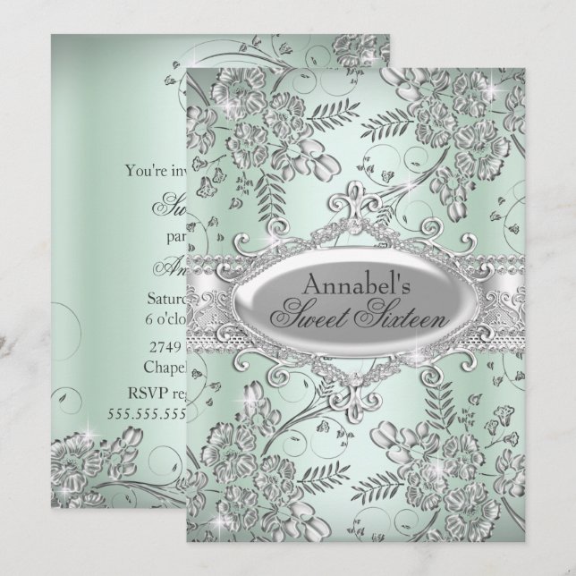 Invitation Vert Menthe Fleur Étincelle Argentée Sweet 16 (Devant / Derrière)