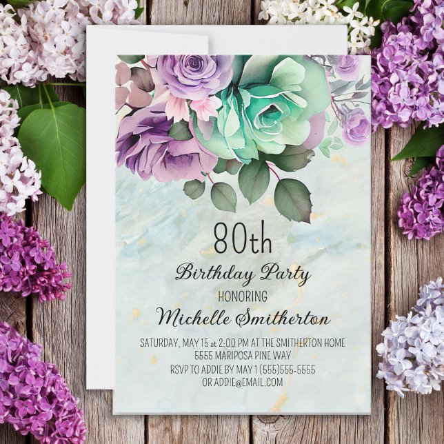 Invitation Vert menthe Fleur papillon 80e Anniversaire  (Créateur téléchargé)