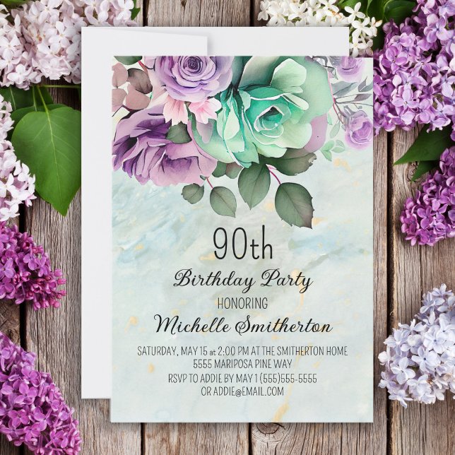 Invitation Vert Menthe Fleur Papillon 90e Anniversaire  (Créateur téléchargé)