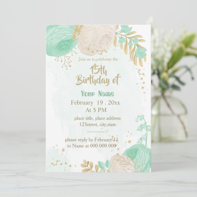 Invitation vert menthe fleurs blanches or fleuri anniversaire (Debout devant)