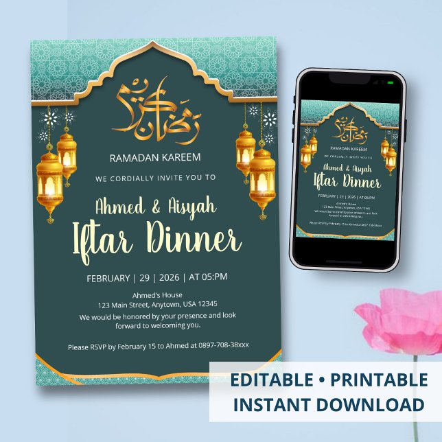 Invitation Vert menthe moderne et fête de Ramadan Iftar dorée (Créateur téléchargé)