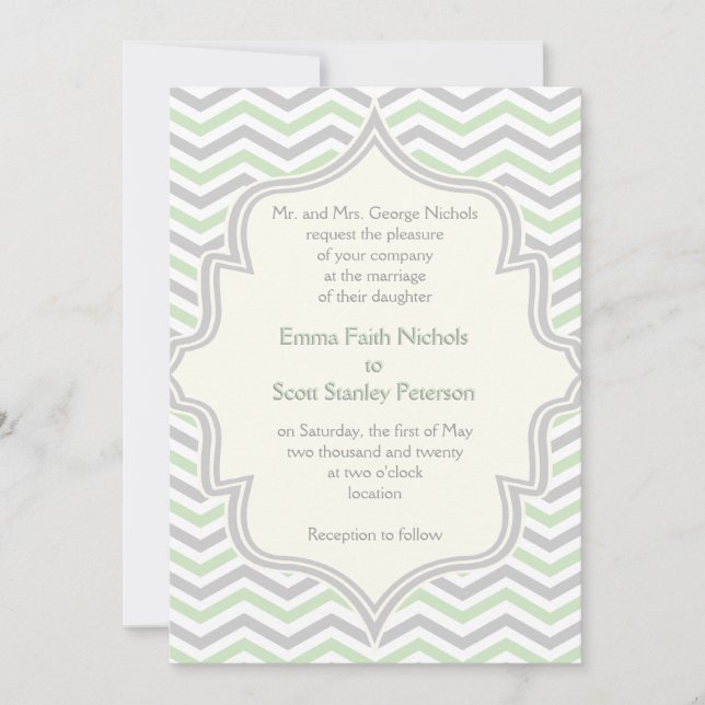 Invitation Vert menthe moderne, gris chevron zigzag mariage (Devant)