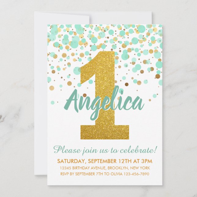 Invitation Vert Menthe Or Confettis 1er Anniversaire Annivers (Devant)