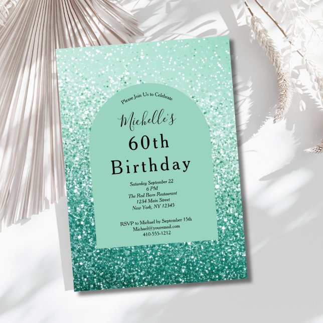 Invitation Vert Menthe Paillettes Glam Bling 60e Anniversaire (Mint Green Glitter 60th ( or any year ) birthday invitation for her. Glam Bling. Printed or Digital)