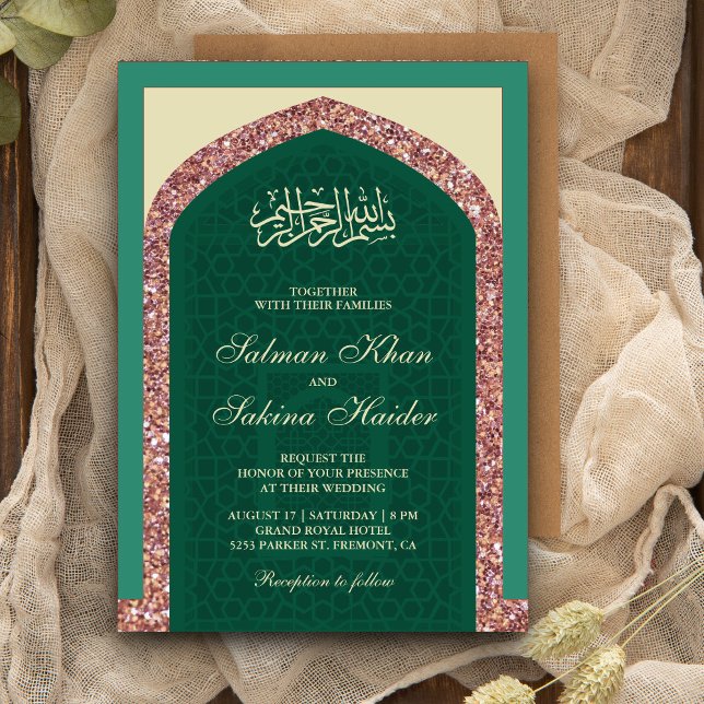 Invitation Vert Menthe Rose Doré Paillettes Mihrab Mariage Mu (Créateur téléchargé)