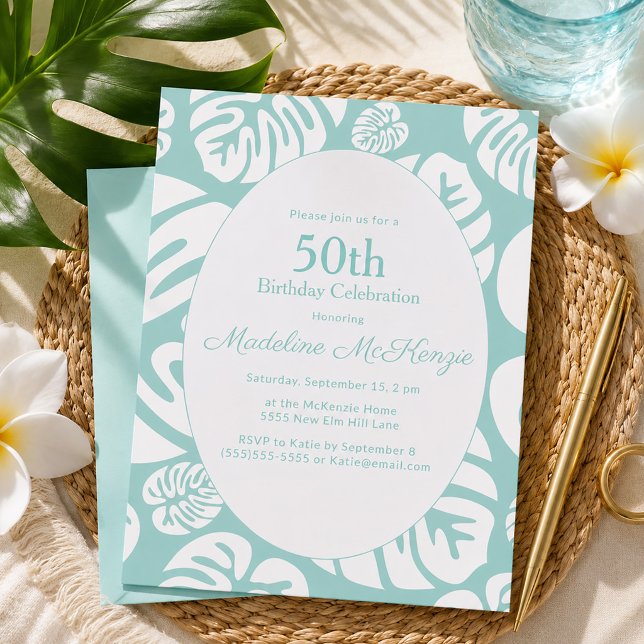 Invitation Vert Menthe Tropical Monstera Fête de plage 50 ans (Tropical monstera 50th birthday party invitation)
