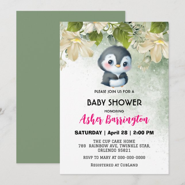 Invitation Vert mignon doux fleur de pingouin baby shower enf (Devant / Derrière)