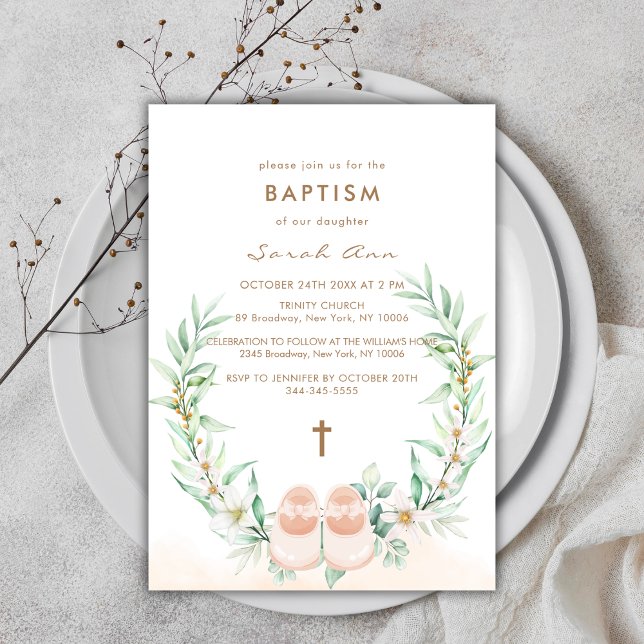 Invitation Vert mignon Eucalyptus Gold Cross Girl Baptême (Cute Greenery Eucalyptus Gold Cross Girl Baptism Invitation)