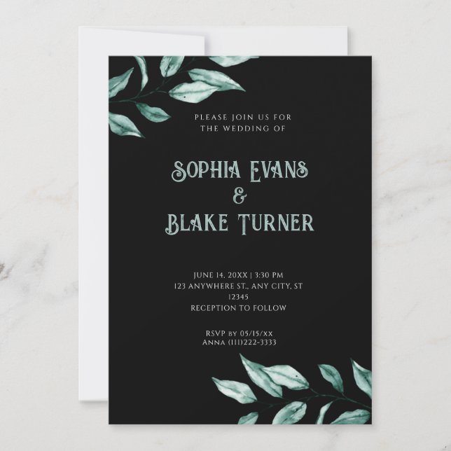 Invitation Vert minimaliste moderne Mariage noir (Devant)