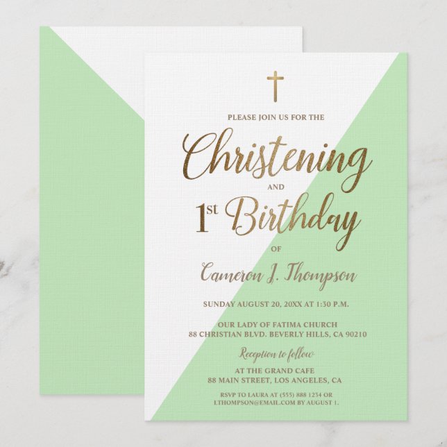 Invitation Vert moderne Or 1er anniversaire Christening (Devant / Derrière)
