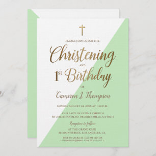 Invitation Vert moderne Or 1er anniversaire Christening