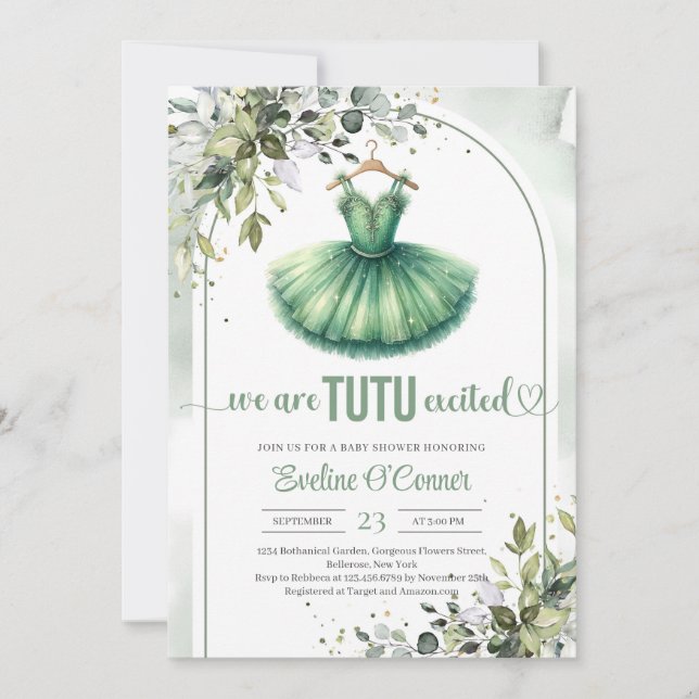 Invitation Vert moderne tutu robe verdure et or (Devant)