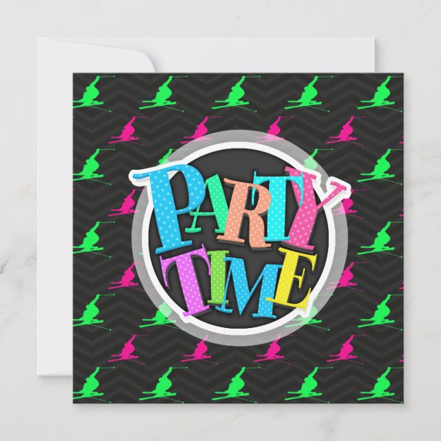 Invitation Vert néon, Rose chaud, Ski De Neige, Chevron Noir (Devant)