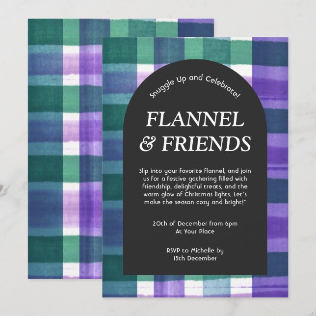 Invitation Vert Noël Flanelle à Carreaux Violette & Amis (Devant / Derrière)