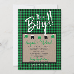 Invitation Vert + Noir Baby Boy Buffalo Plaid Baby shower